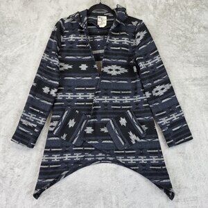 Tulle Cardigan Sweater Womens XS Gray Aztec Geometric Hooded Open Front Knit